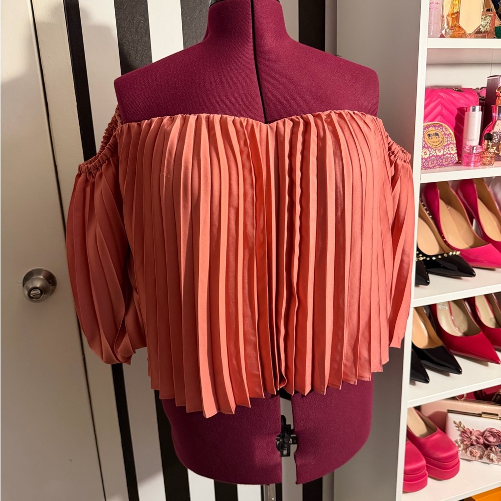 Express Coral Off-Shoulder Pleated Blouse